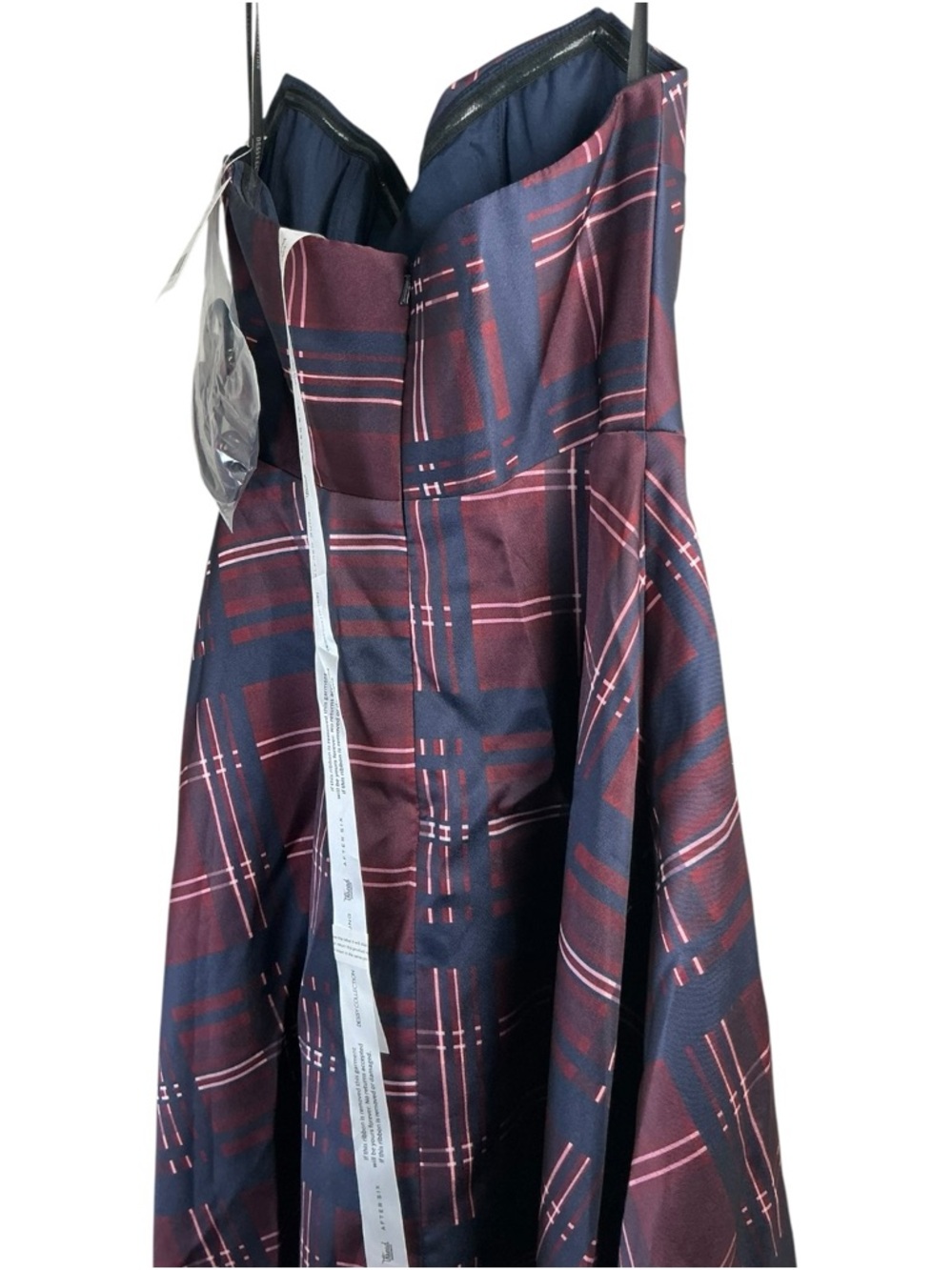 Dessy Collection Strapless Tartan Satin Maxi Dress in Cabernet and Midnight - Picture 6 of 8